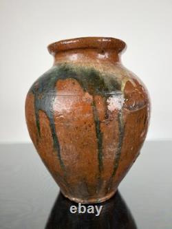 Vintage Studio Pottery Vase Small Ear Shape Handles Brown Black Grey Glazes 9.5
