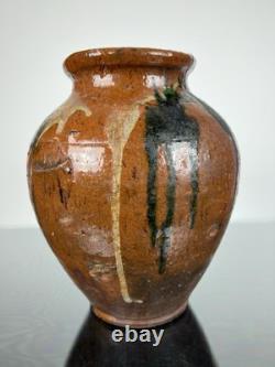 Vintage Studio Pottery Vase Small Ear Shape Handles Brown Black Grey Glazes 9.5