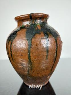 Vintage Studio Pottery Vase Small Ear Shape Handles Brown Black Grey Glazes 9.5