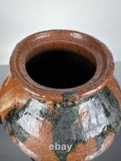 Vintage Studio Pottery Vase Small Ear Shape Handles Brown Black Grey Glazes 9.5