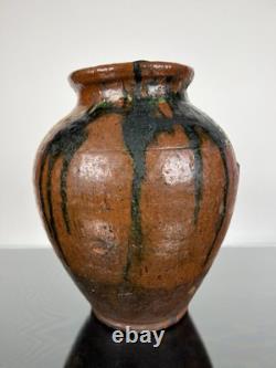 Vintage Studio Pottery Vase Small Ear Shape Handles Brown Black Grey Glazes 9.5