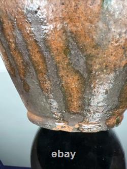 Vintage Studio Pottery Vase Small Ear Shape Handles Brown Black Grey Glazes 9.5