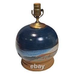 Vintage Studio Signed Art Pottery Table Lamp Earthy Blue Brown 12 Modern