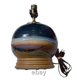 Vintage Studio Signed Art Pottery Table Lamp Earthy Blue Brown 12 Modern