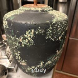 Vintage Substantial Raku Pottery Urn Vase Iridescent Black W Applied Accents