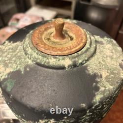 Vintage Substantial Raku Pottery Urn Vase Iridescent Black W Applied Accents