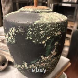 Vintage Substantial Raku Pottery Urn Vase Iridescent Black W Applied Accents