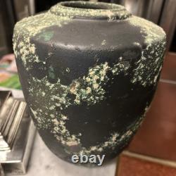 Vintage Substantial Raku Pottery Urn Vase Iridescent Black W Applied Accents