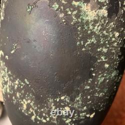 Vintage Substantial Raku Pottery Urn Vase Iridescent Black W Applied Accents