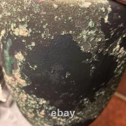 Vintage Substantial Raku Pottery Urn Vase Iridescent Black W Applied Accents
