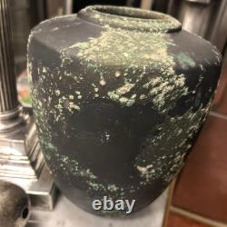 Vintage Substantial Raku Pottery Urn Vase Iridescent Black W Applied Accents