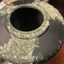 Vintage Substantial Raku Pottery Urn Vase Iridescent Black W Applied Accents