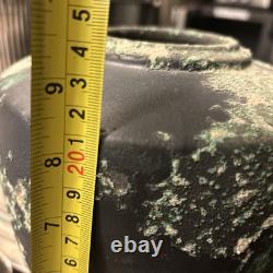 Vintage Substantial Raku Pottery Urn Vase Iridescent Black W Applied Accents