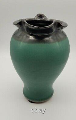 Vintage Suki Meyer Studio Art Pottery Asian Green & Black Pitcher Signed Suki