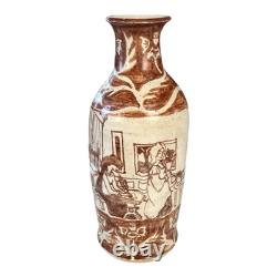 Vintage Tall Handmade Studio Art Pottery Stoneware Vase Cream & Brown Glaze