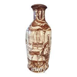 Vintage Tall Handmade Studio Art Pottery Stoneware Vase Cream & Brown Glaze