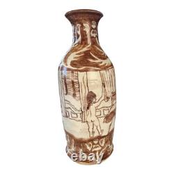 Vintage Tall Handmade Studio Art Pottery Stoneware Vase Cream & Brown Glaze