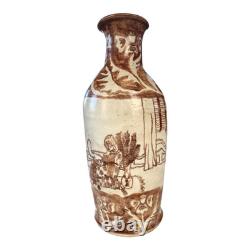 Vintage Tall Handmade Studio Art Pottery Stoneware Vase Cream & Brown Glaze
