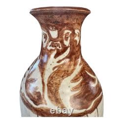 Vintage Tall Handmade Studio Art Pottery Stoneware Vase Cream & Brown Glaze