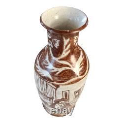 Vintage Tall Handmade Studio Art Pottery Stoneware Vase Cream & Brown Glaze
