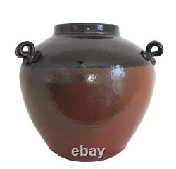 Vintage Terra Cotta Glazed Pottery Three Handles Pot Jar Vase Signed USA