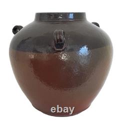 Vintage Terra Cotta Glazed Pottery Three Handles Pot Jar Vase Signed USA