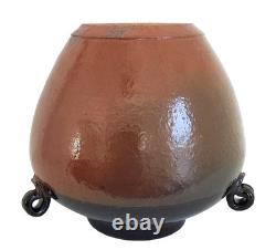 Vintage Terra Cotta Glazed Pottery Three Handles Pot Jar Vase Signed USA