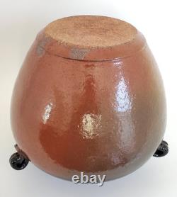 Vintage Terra Cotta Glazed Pottery Three Handles Pot Jar Vase Signed USA