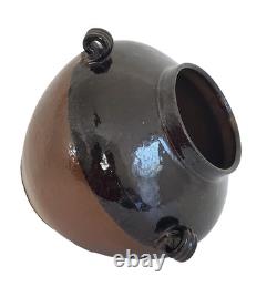 Vintage Terra Cotta Glazed Pottery Three Handles Pot Jar Vase Signed USA