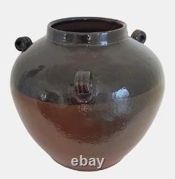 Vintage Terra Cotta Glazed Pottery Three Handles Pot Jar Vase Signed USA