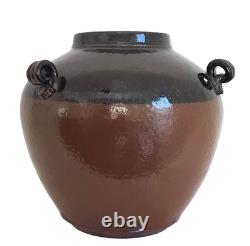 Vintage Terra Cotta Glazed Pottery Three Handles Pot Jar Vase Signed USA