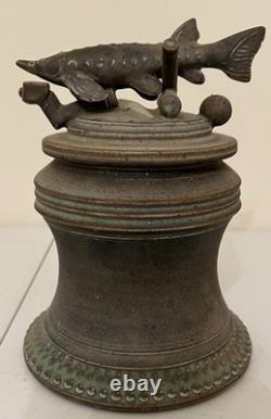 Vintage Tim Mather Studio Pottery Ceramic Fish Sturgeon Vessel With Lid