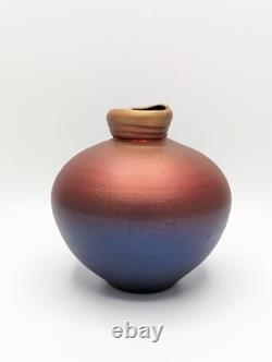 Vintage Tom Krueger 5 Iridescent Red Blue Vase Studio Art Pottery Signed 1999