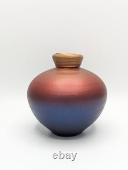 Vintage Tom Krueger 5 Iridescent Red Blue Vase Studio Art Pottery Signed 1999
