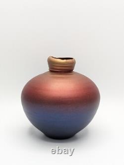 Vintage Tom Krueger 5 Iridescent Red Blue Vase Studio Art Pottery Signed 1999