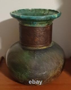 Vintage Tony Evans Pottery Raku Studio Art Large Vase Bronze Metal Collar Signed