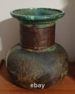 Vintage Tony Evans Pottery Raku Studio Art Large Vase Bronze Metal Collar Signed