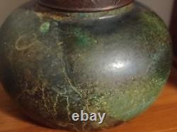 Vintage Tony Evans Pottery Raku Studio Art Large Vase Bronze Metal Collar Signed