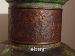 Vintage Tony Evans Pottery Raku Studio Art Large Vase Bronze Metal Collar Signed