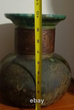 Vintage Tony Evans Pottery Raku Studio Art Large Vase Bronze Metal Collar Signed
