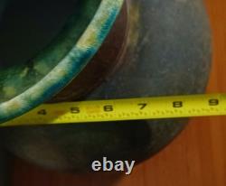 Vintage Tony Evans Pottery Raku Studio Art Large Vase Bronze Metal Collar Signed
