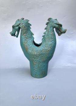 Vintage Turquoise Double Headed Dragon Studio Pottery Vase READ Signed B Lewis