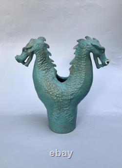 Vintage Turquoise Double Headed Dragon Studio Pottery Vase READ Signed B Lewis
