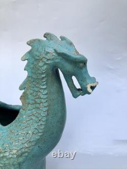 Vintage Turquoise Double Headed Dragon Studio Pottery Vase READ Signed B Lewis