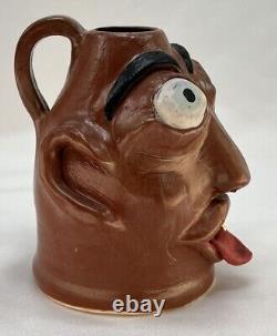 Vintage Ugly Face Jug Voodoo Folk Art Pottery Devil Handle Vase Teeth Eyes OOAK