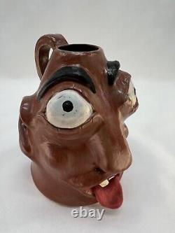 Vintage Ugly Face Jug Voodoo Folk Art Pottery Devil Handle Vase Teeth Eyes OOAK
