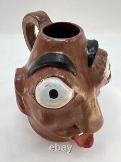 Vintage Ugly Face Jug Voodoo Folk Art Pottery Devil Handle Vase Teeth Eyes OOAK