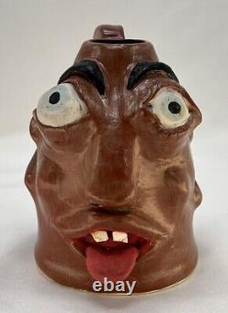 Vintage Ugly Face Jug Voodoo Folk Art Pottery Devil Handle Vase Teeth Eyes OOAK