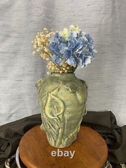 Vintage Vase Calla Lilies Raised Relief Green With Gold Accents Studio Pottery