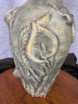 Vintage Vase Calla Lilies Raised Relief Green With Gold Accents Studio Pottery